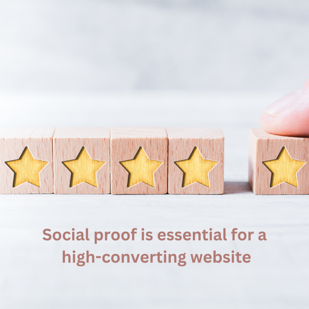 image shows 5 stars on wooden blocks. Text beneath reads social proof is essential for a high-converting website