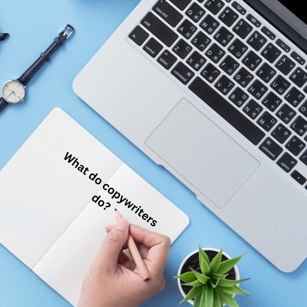 laptop on a blue background with a hand writing in a notebook. Text reads what do SEO copywriters do