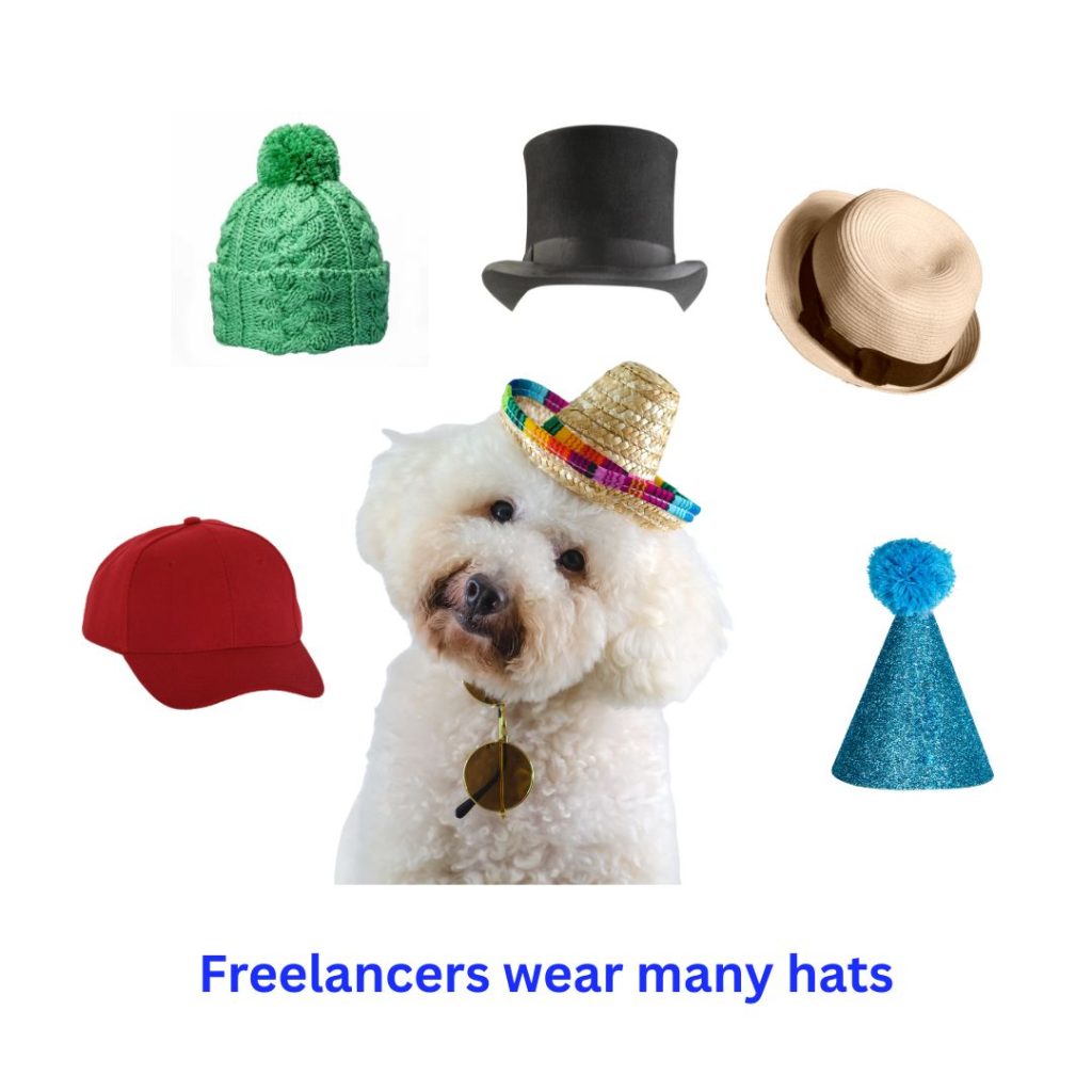 A fluffy white dog wears a hat and is surrounded by five other hats. Text reads: freelancers wear many hats. The image represents the benefit of working with a freelancer vs a marketing agncy